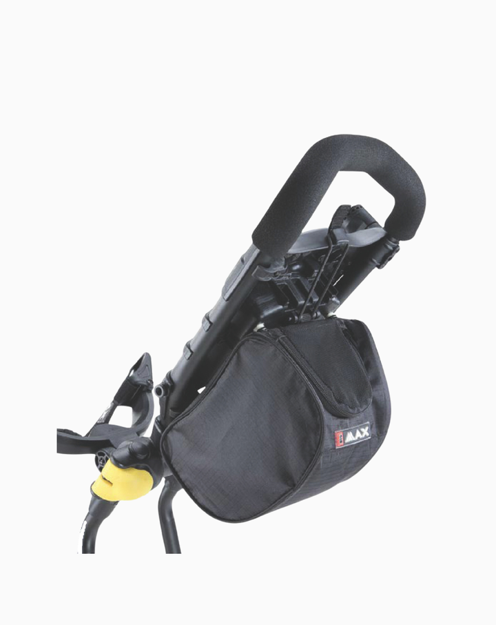 Big Max Clip-On Bag attached beneath golf push cart grip – compact black golf accessory bag compatible with Autofold and Z360 carts.