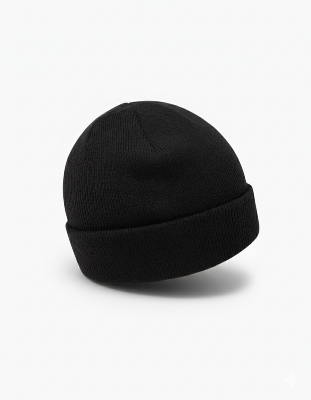 Back view of the TravisMathew Cloud Beanie in black – minimalist rib-knit winter hat with smooth rounded crown, displayed on a clean white background