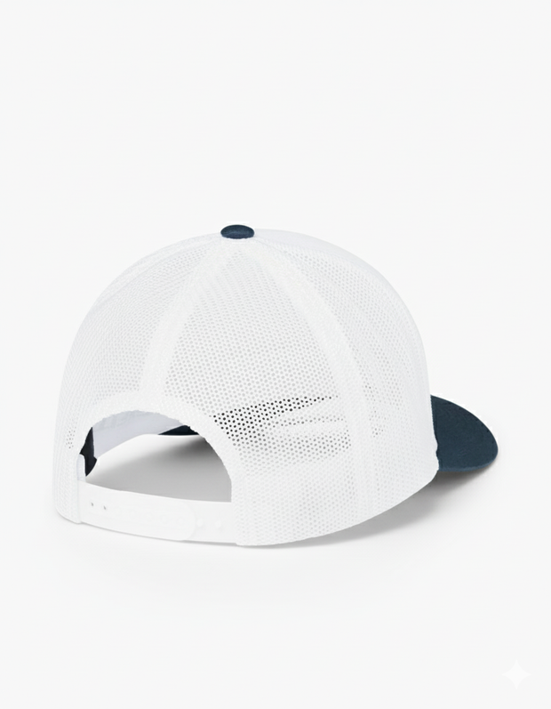 Back view of the TravisMathew Beer Break Hat showing white mesh panels and adjustable snapback closure with a navy brim.