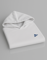Breezy Golf white performance hoodie with blue logo, folded neatly on light grey background