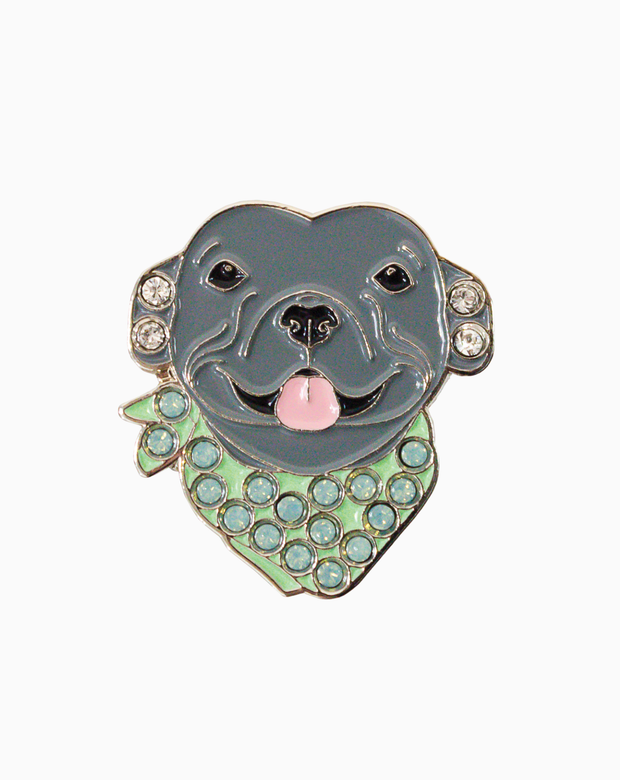 Golf ball marker featuring a black dog face design with sparkling Swarovski crystals, attached to a silver magnetic hat clip on a white background.