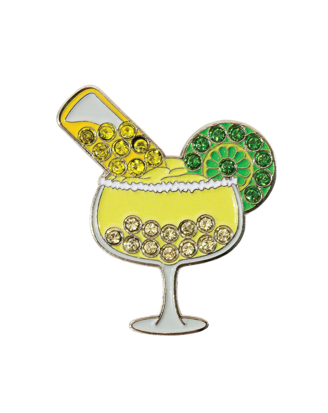 Gold and green golf ball marker shaped like a margarita glass with Swarovski crystals, photographed on a white background.