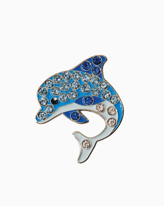 Dolphin-shaped golf ball marker with blue and silver Swarovski crystals on a white background.
