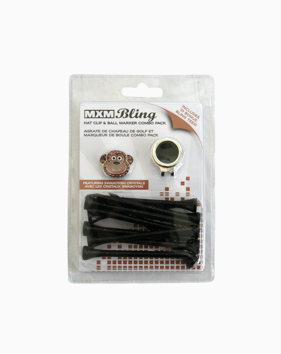 MXM Monkey Bling Set featuring a crystal-studded monkey design ball marker, magnetic hat clip, and tee set on a white background.