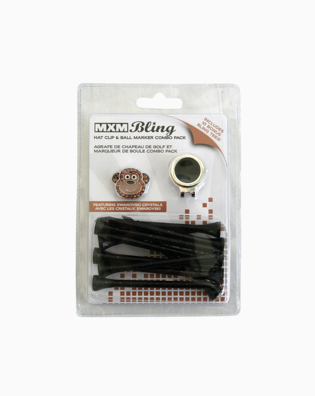 MXM Monkey Bling Set featuring a crystal-studded monkey design ball marker, magnetic hat clip, and tee set on a white background.