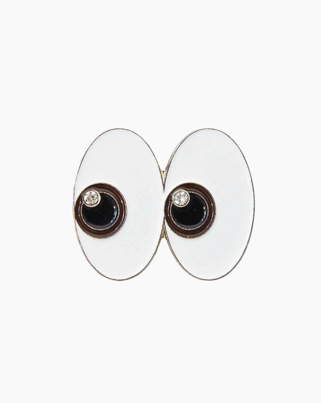 A round MXM ball marker featuring a playful “side eye” emoji design with expressive eyes and a polished enamel finish, displayed on a white background.