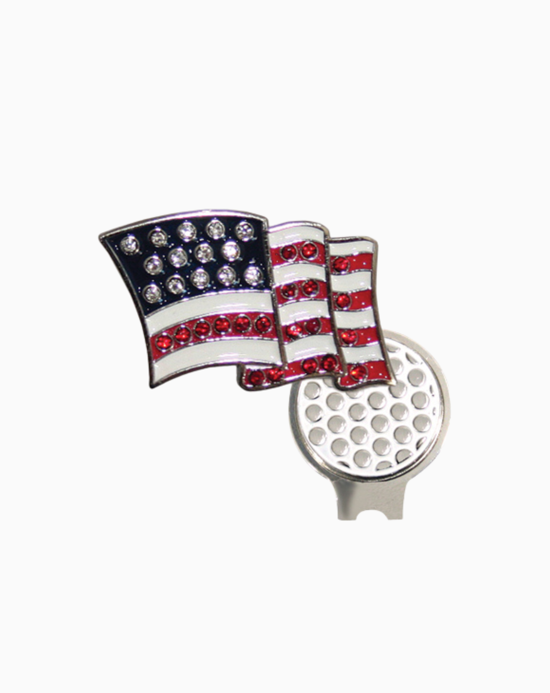 A golf ball marker and hat clip set featuring the American flag design in red, white, and blue, accented with sparkling Swarovski crystals for a patriotic touch.