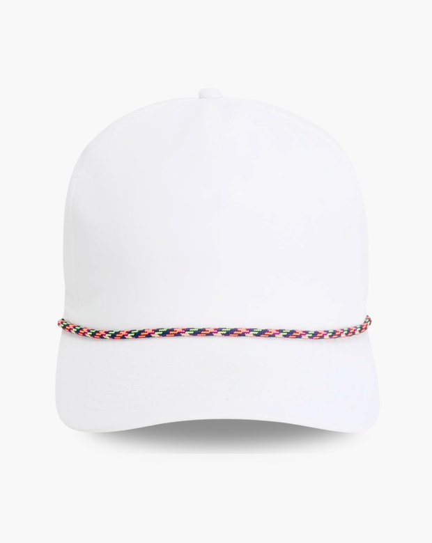 White Imperial Wrightson Rope Cap with multicoloured braided rope detail across the brim, photographed on a neutral studio background.