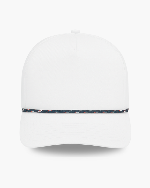 White Imperial Wrightson Rope Cap featuring a navy and white braided rope detail across the brim, displayed against a clean studio background.